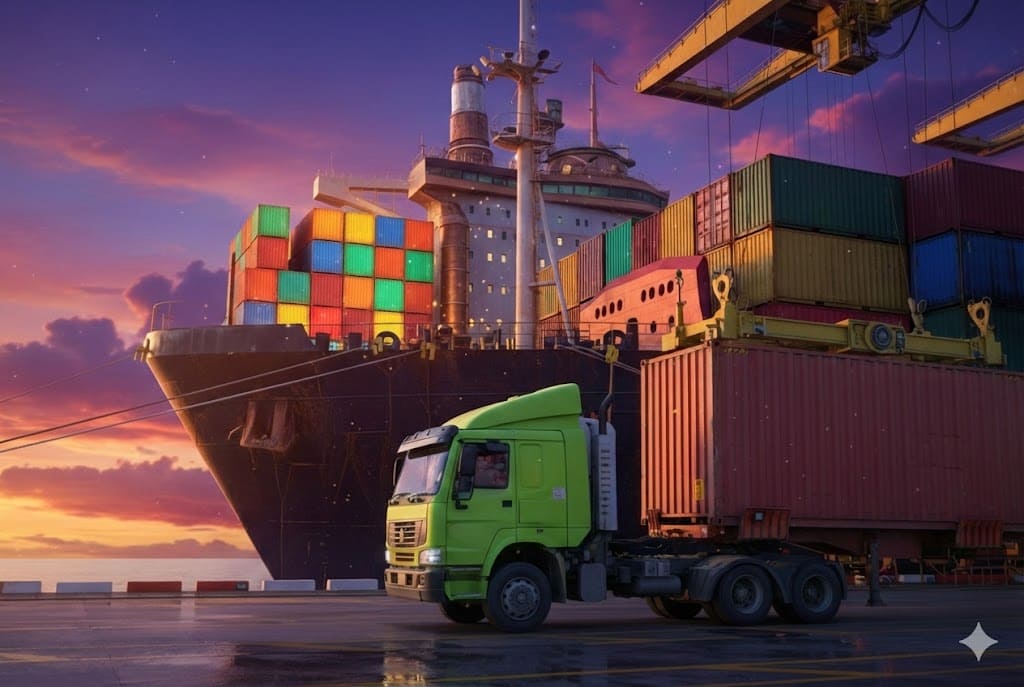 transporte rodoviário de contêiner entre porto e centro logístico