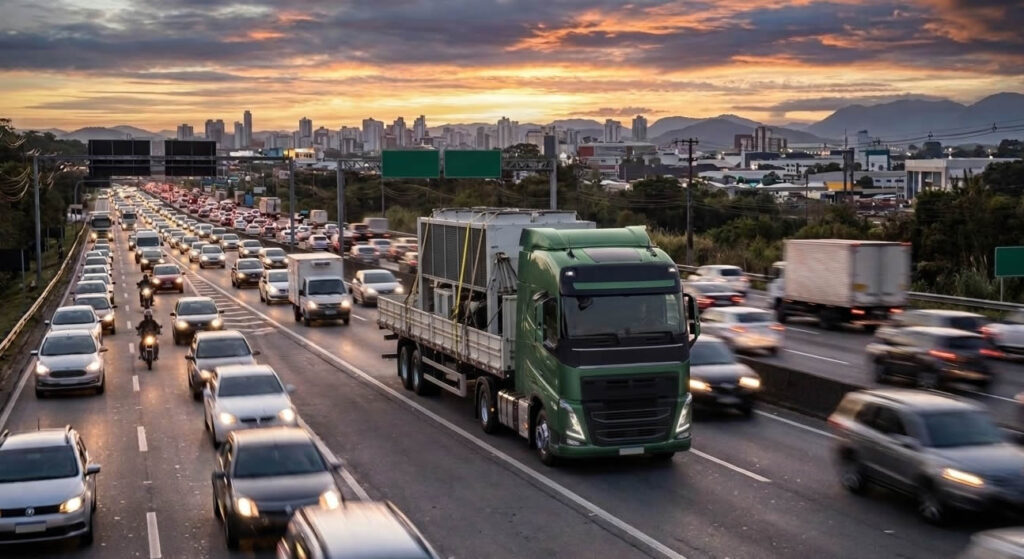 Carregamento de máquinas ou equipamentos sendo fixados em caminhão.